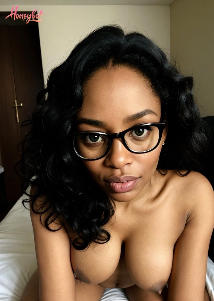The image depicts a person with a medium skin tone, wearing black-framed glasses, and has a confident and intense gaze. The individual is shirtless, revealing a bare chest, and is…