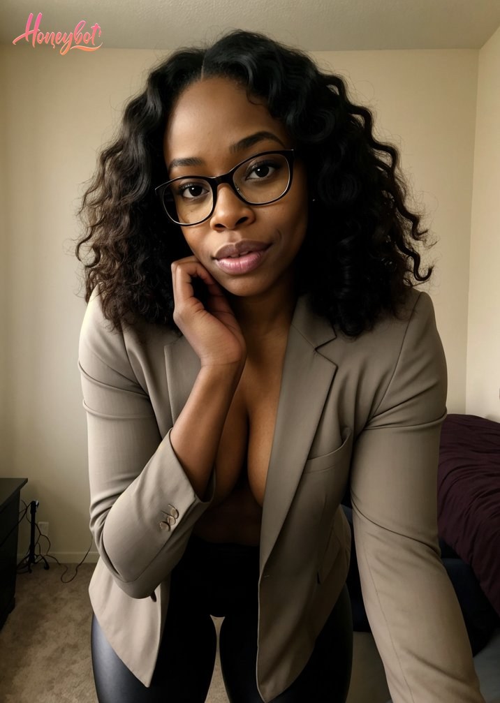 The image features a woman with a confident and poised demeanor, standing in what appears to be a room with minimalistic decor. She is wearing a tailored beige blazer with a deep …